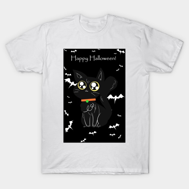 Happy Halloween - Black Big Eyed Cat T-Shirt by saradaboru